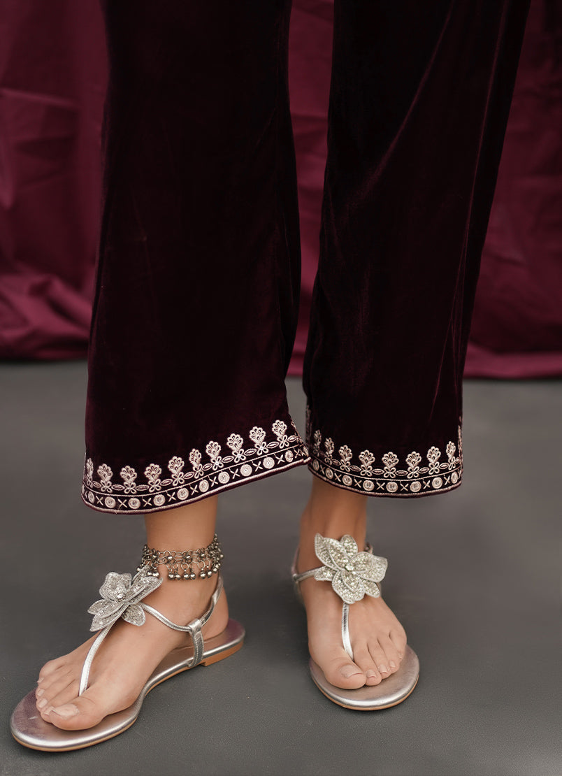 Maroon Velvet Embroidered CO-ORD Set