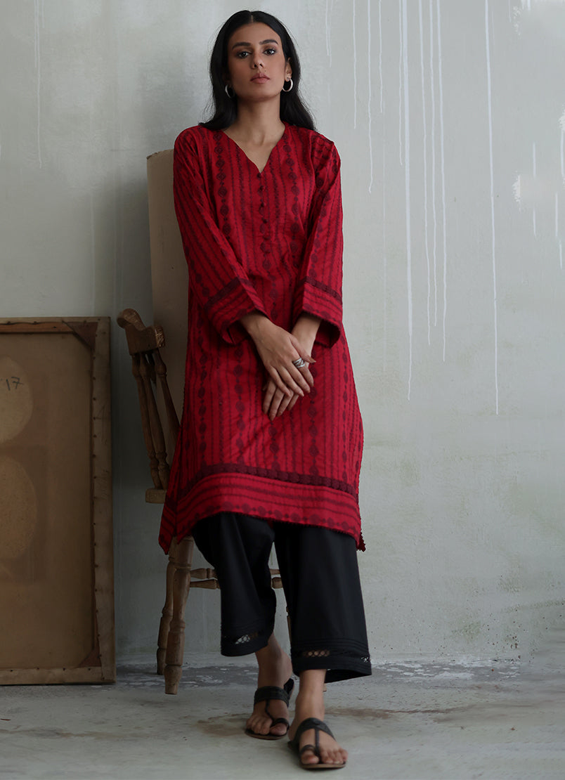 Deep Red Chikan Kurta